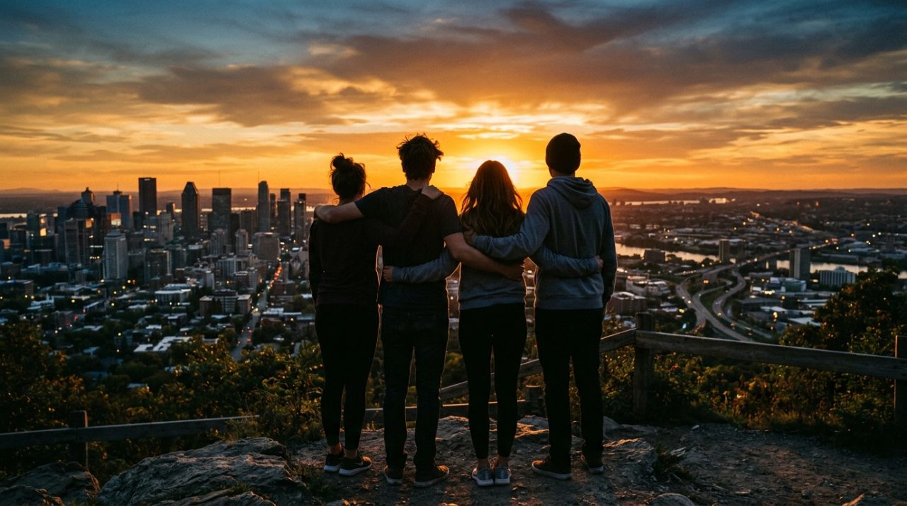 Amigos juntos contemplando o pôr do sol sobre a cidade
